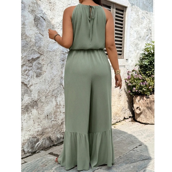 Plus Sage Green Halter Neck Wide leg Jumper Jumpsuits - Picture 3 of 4